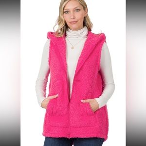 Zenana Sherpa High-Low Hooded Vest with Pockets Hot Pink Women’s Size Small